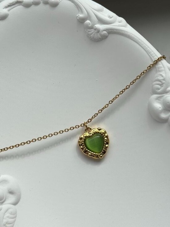 American Vintage Jewelry - Sku0430 Retro Gold Green Gemstone Women Heart shape Pedant Necklace‎ + gift bag